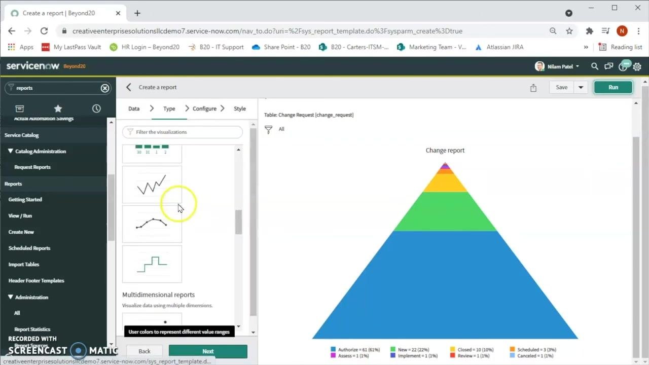 Visualization type selection panel with pie chart options, alongside a pyramid chart of change requests by state