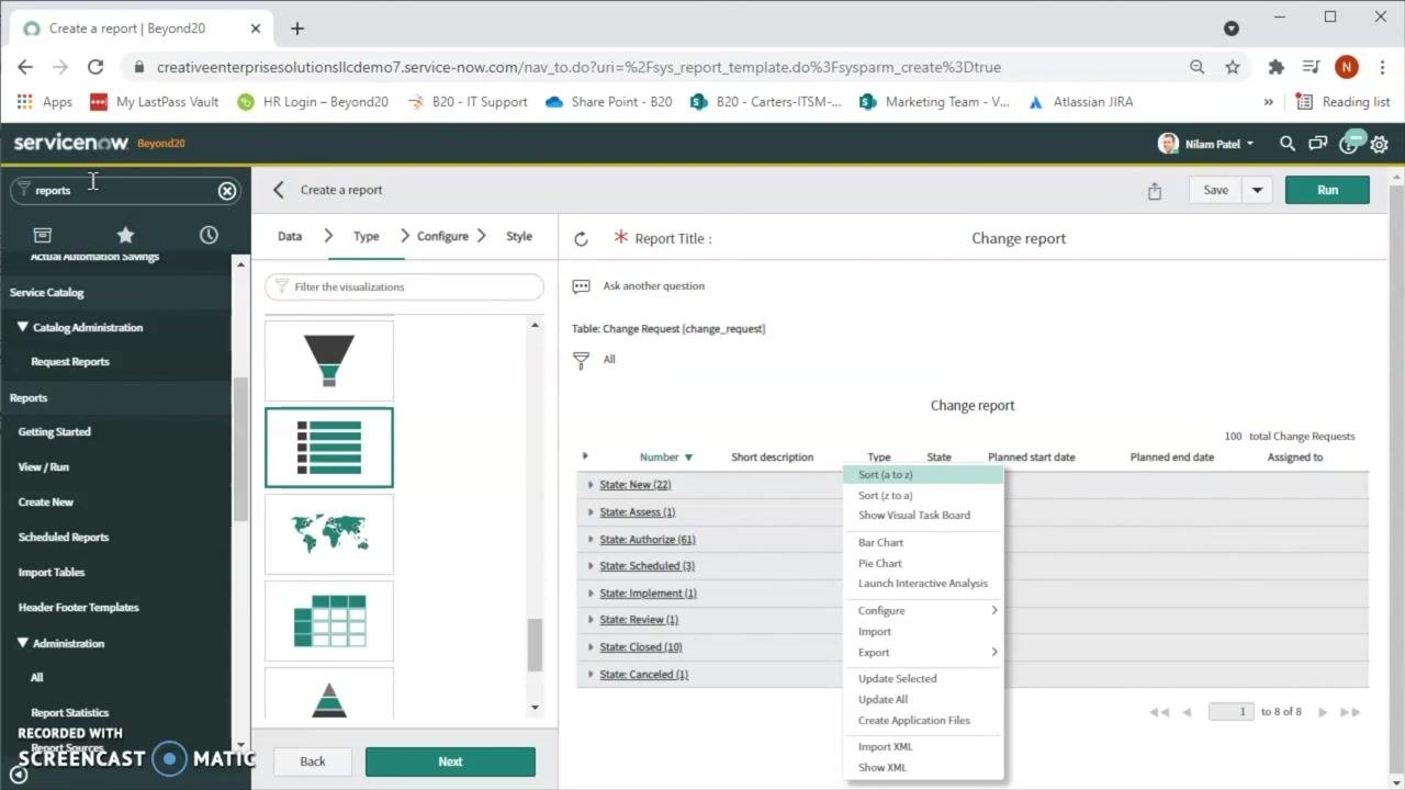 Navigation menu with "reports" entered in the search bar, showing options to create or view reports