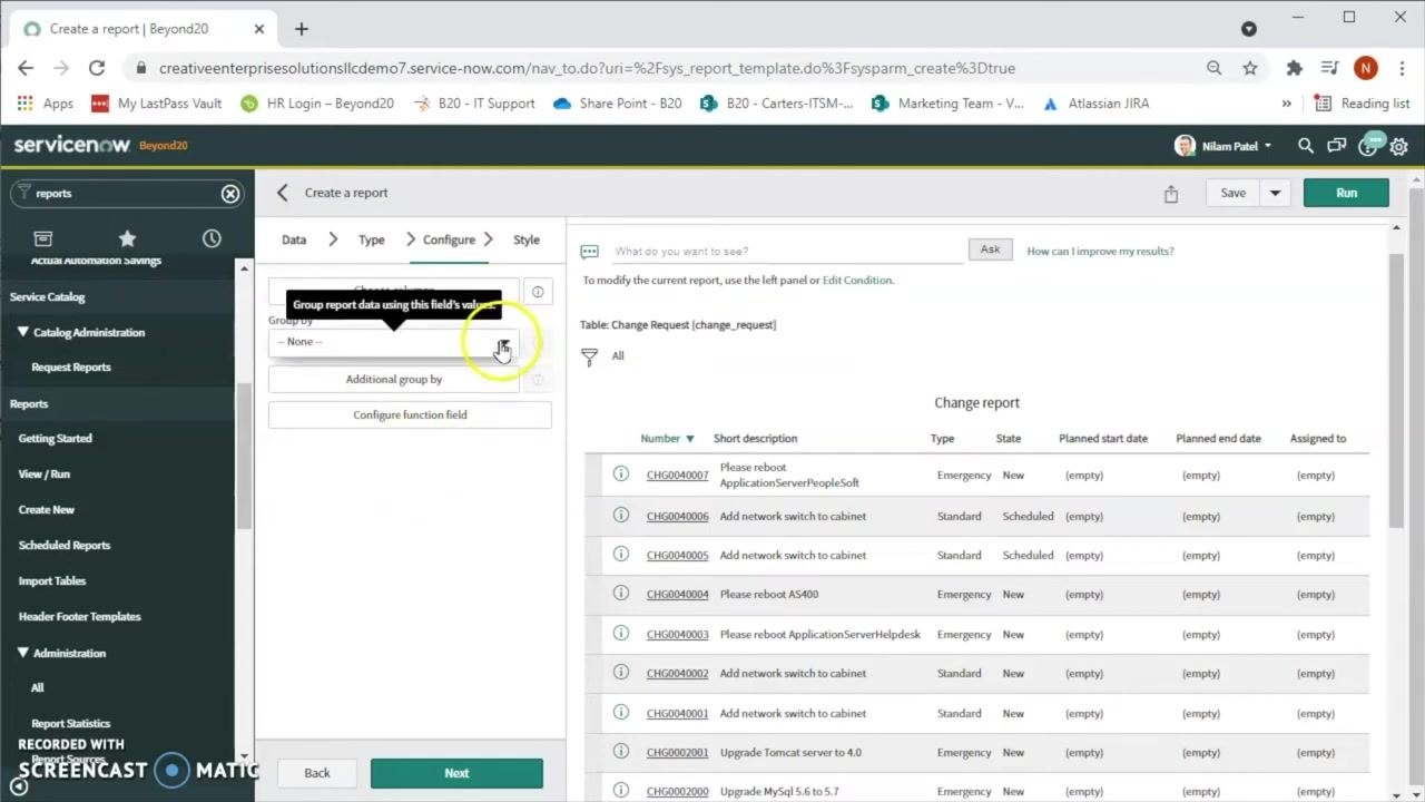 Configure step with Group by set to Active, showing 89 active and 11 inactive change requests out of 100 total