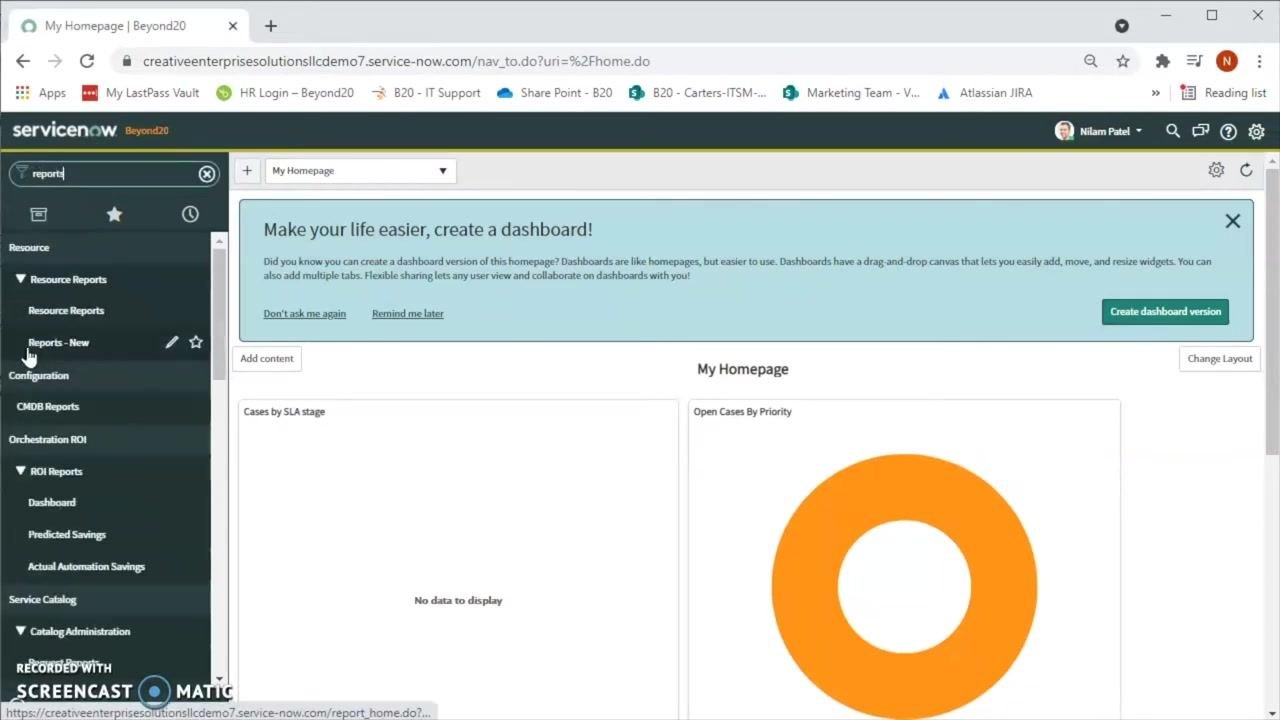 Filter navigator with "reports" entered, displaying the Reports module in the results