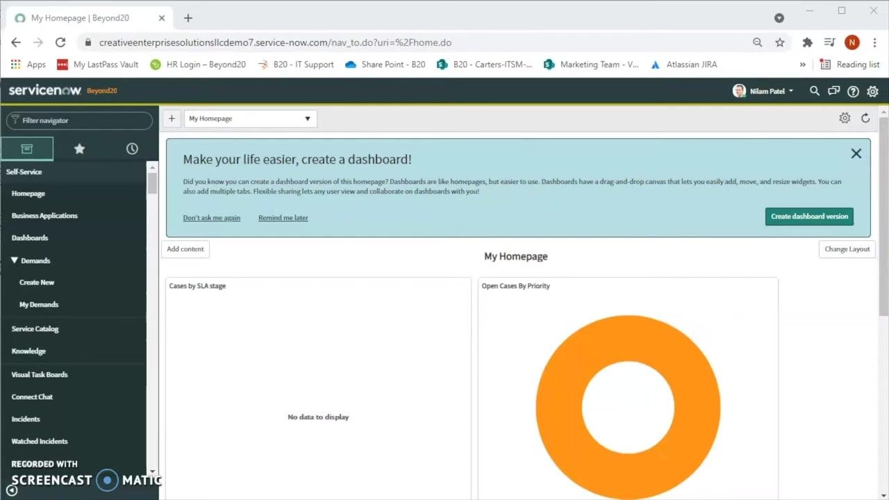 ServiceNow homepage showing dashboard widgets and the navigation menu