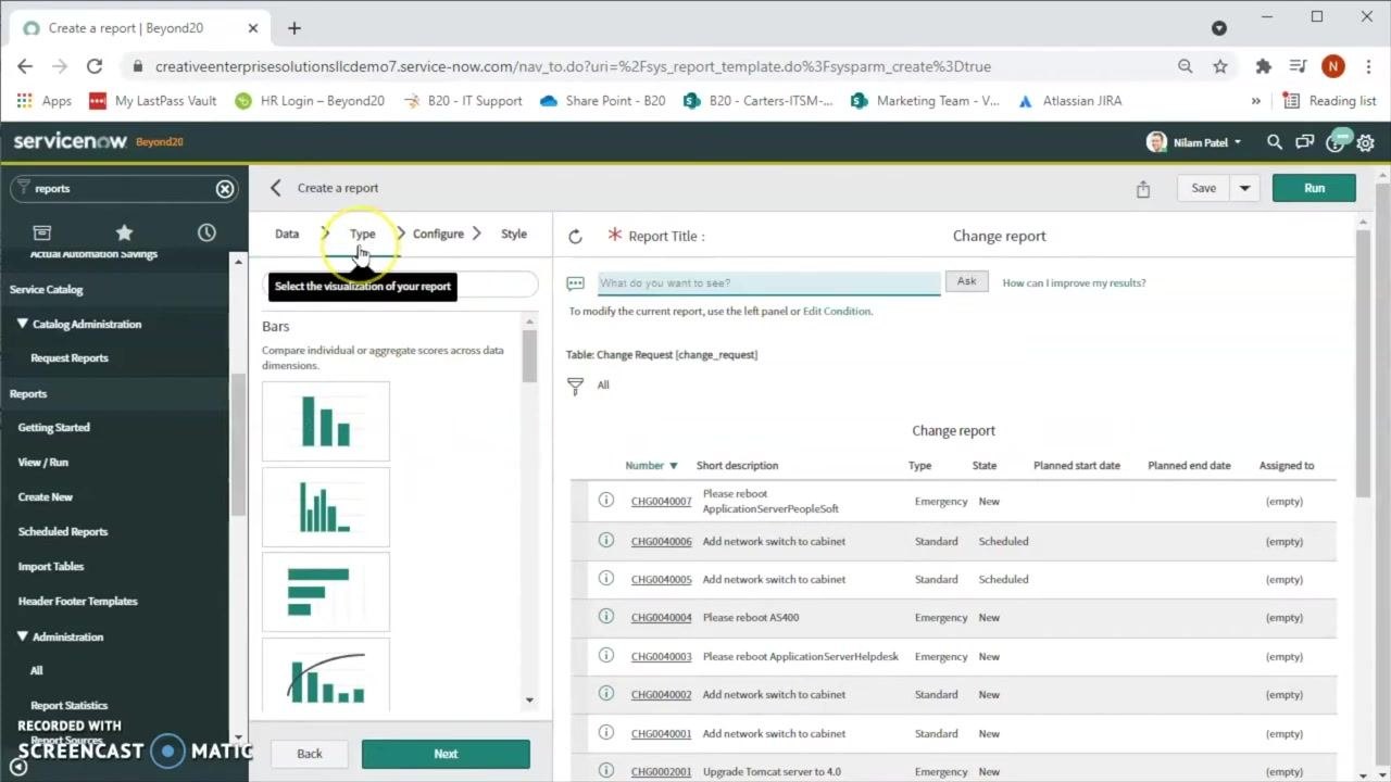 Report type selection screen showing various visualization options, with List selected by default