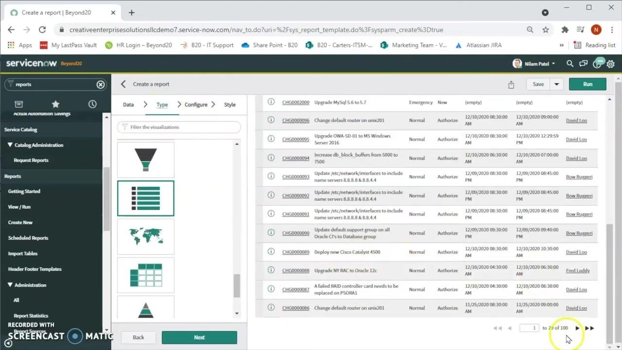 List visualization with a preview of 100 change requests displayed