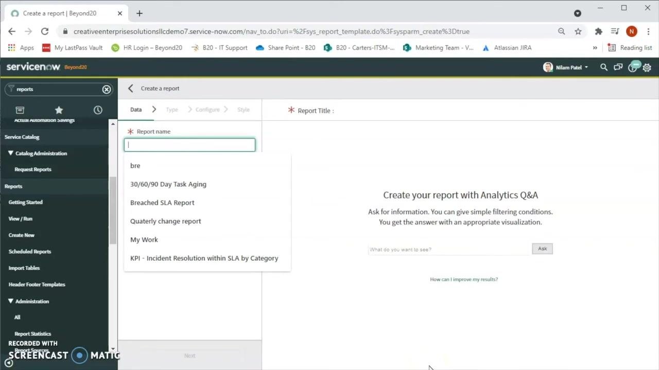 Report creation screen with the Report name field being filled in as "Change report"