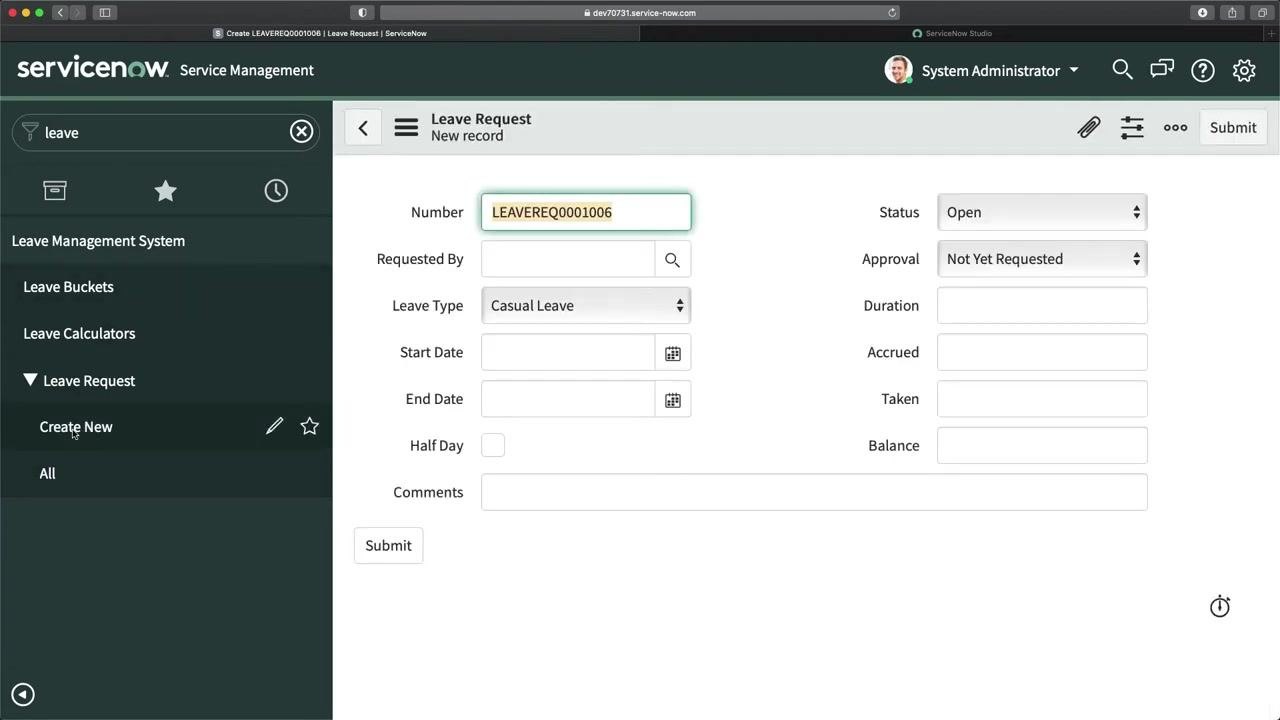 ServiceNow Leave Management System with Leave Request form options visible