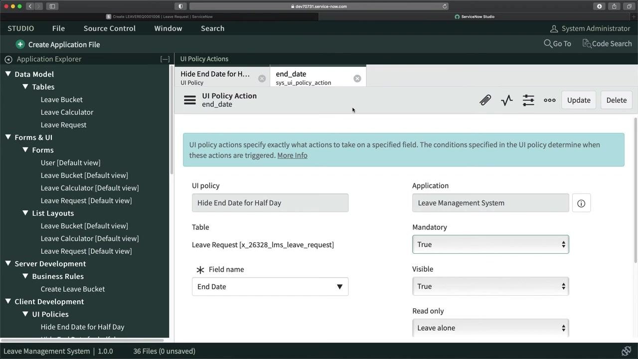 Leave Request form with Half Day checked and End Date field hidden
