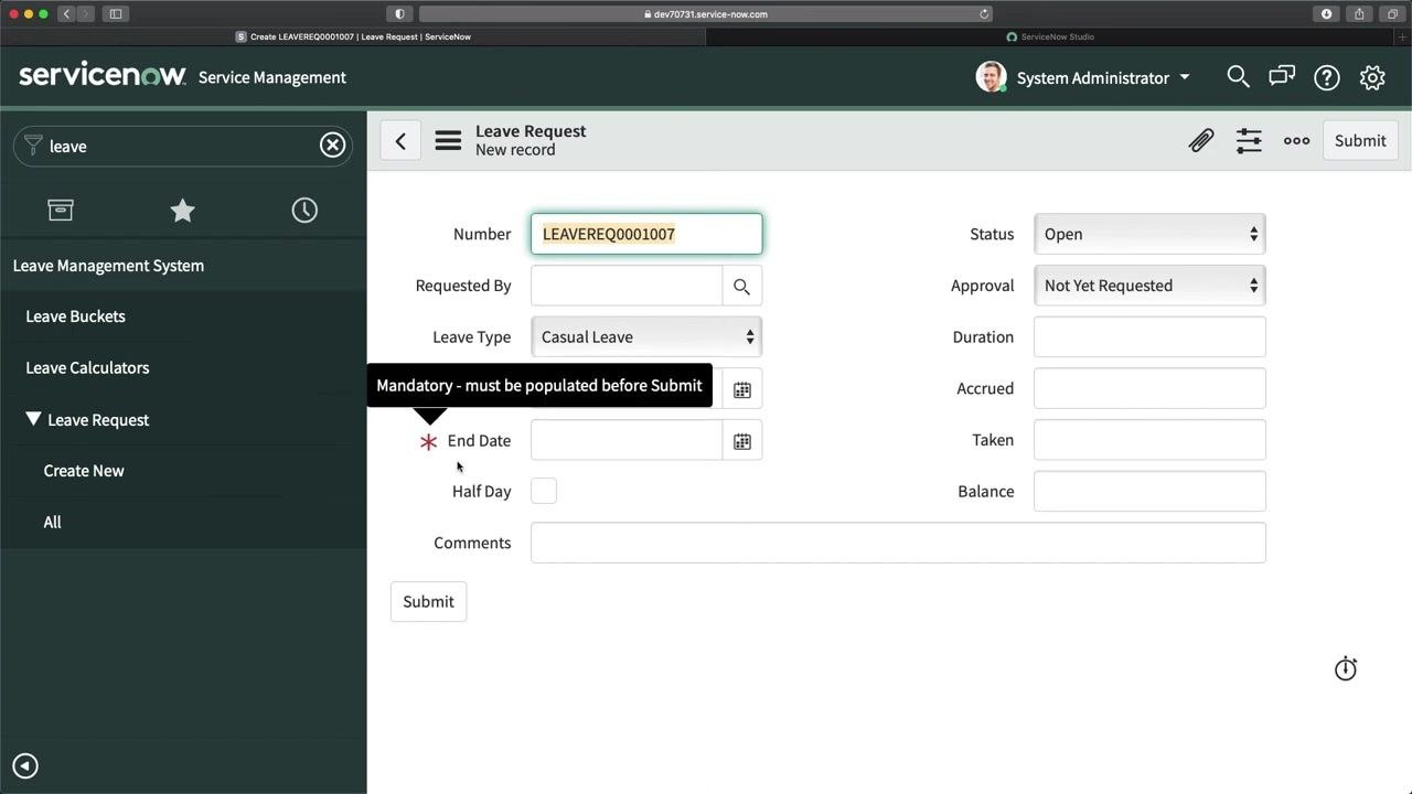 Leave Request form with End Date hidden and Half Day checked