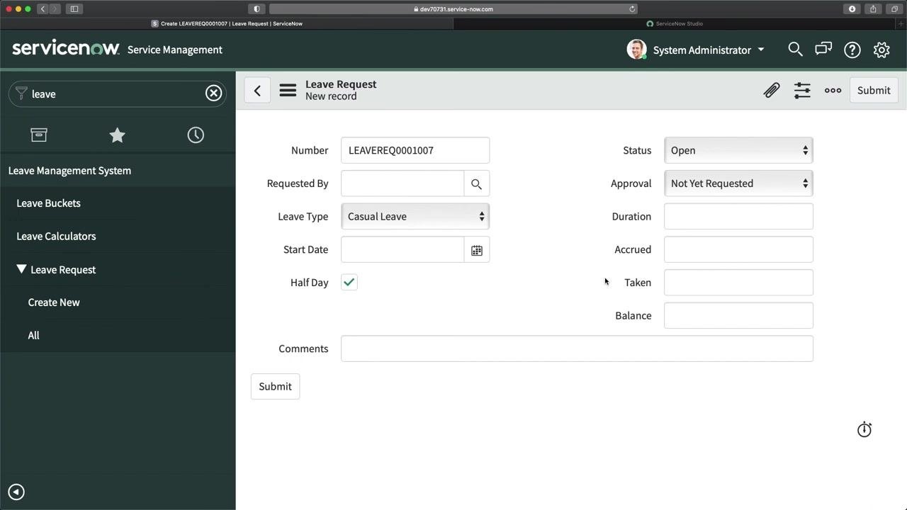 Leave Request form with End Date hidden, demonstrating the UI policy effect