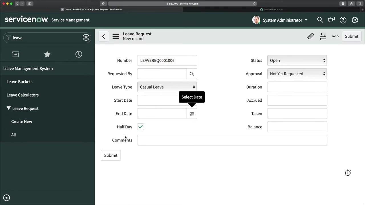 Leave Request form with Half Day checkbox checked and End Date still visible