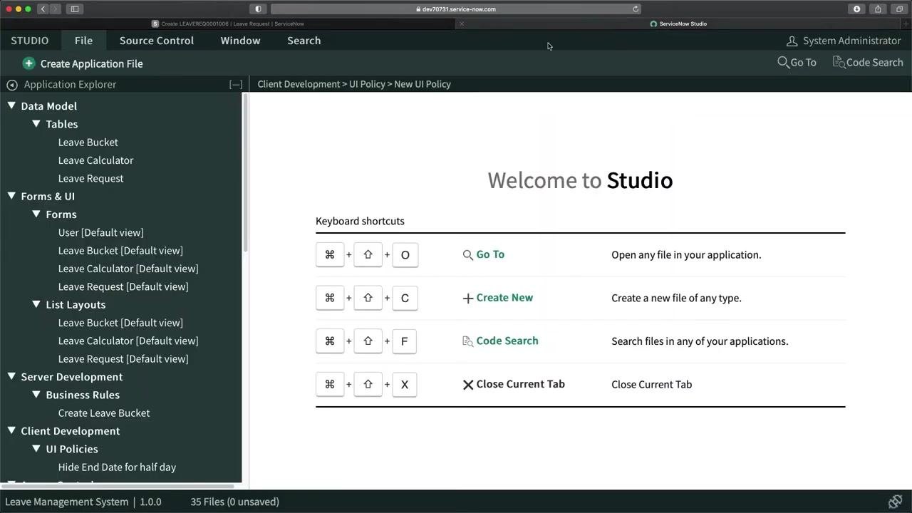 Leave Request form with Half Day checked, highlighting the need for a UI policy change