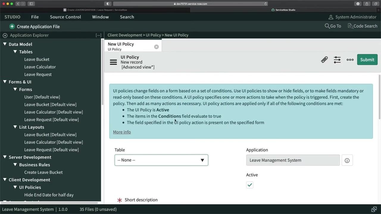 New UI Policy configuration screen with Table, Application, and Active fields visible