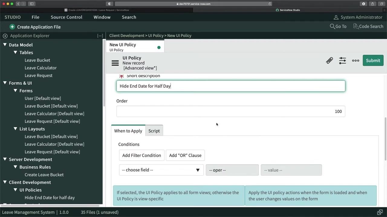 ServiceNow Studio New UI Policy screen with 'Hide End Date for Half Day' entered in the Short description field