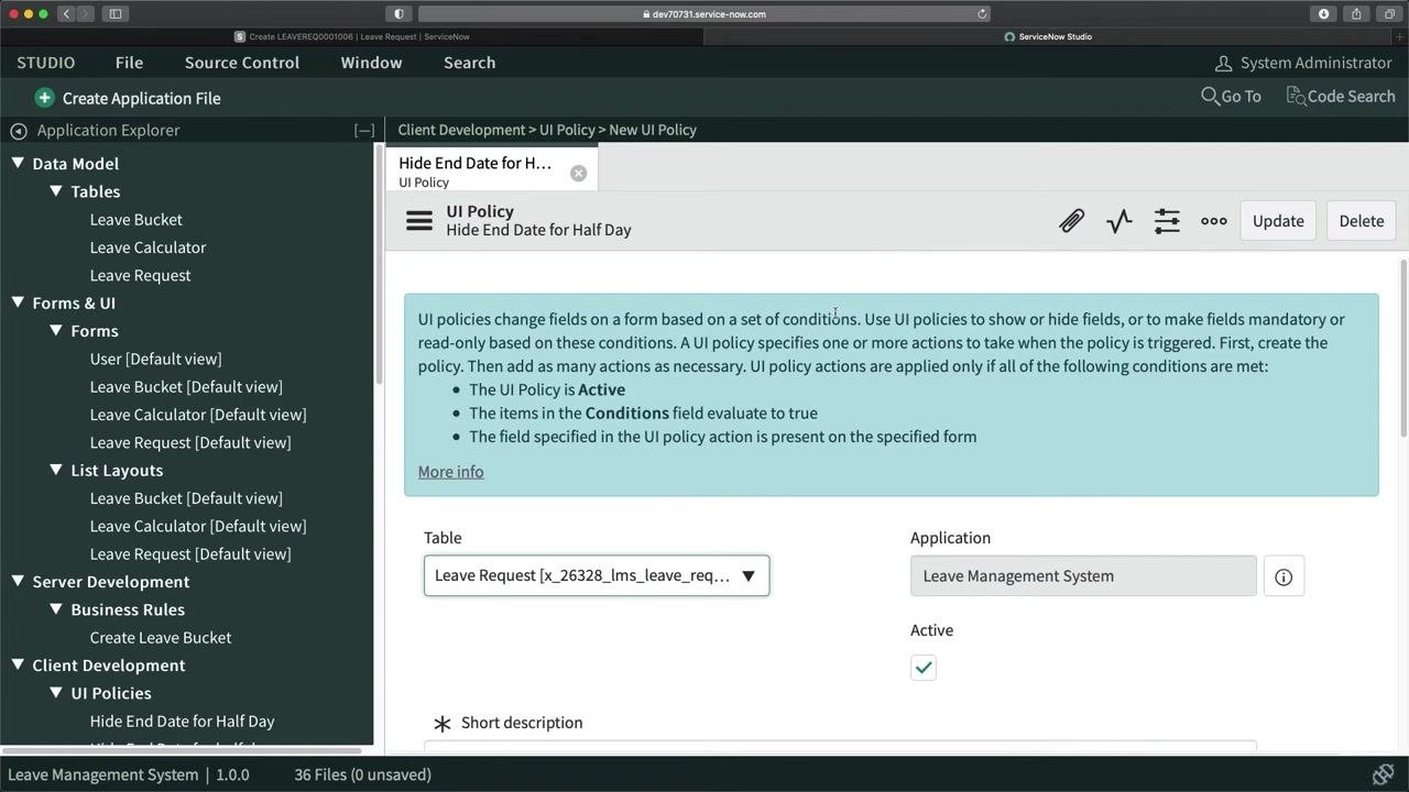 UI Policy condition being set: Half Day is false