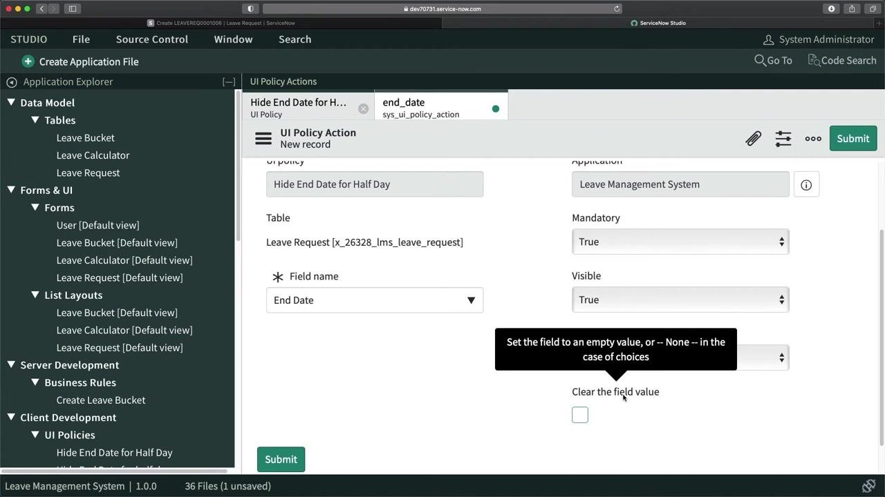 UI Policy Action for End Date field with all settings visible and Submit button ready to be clicked