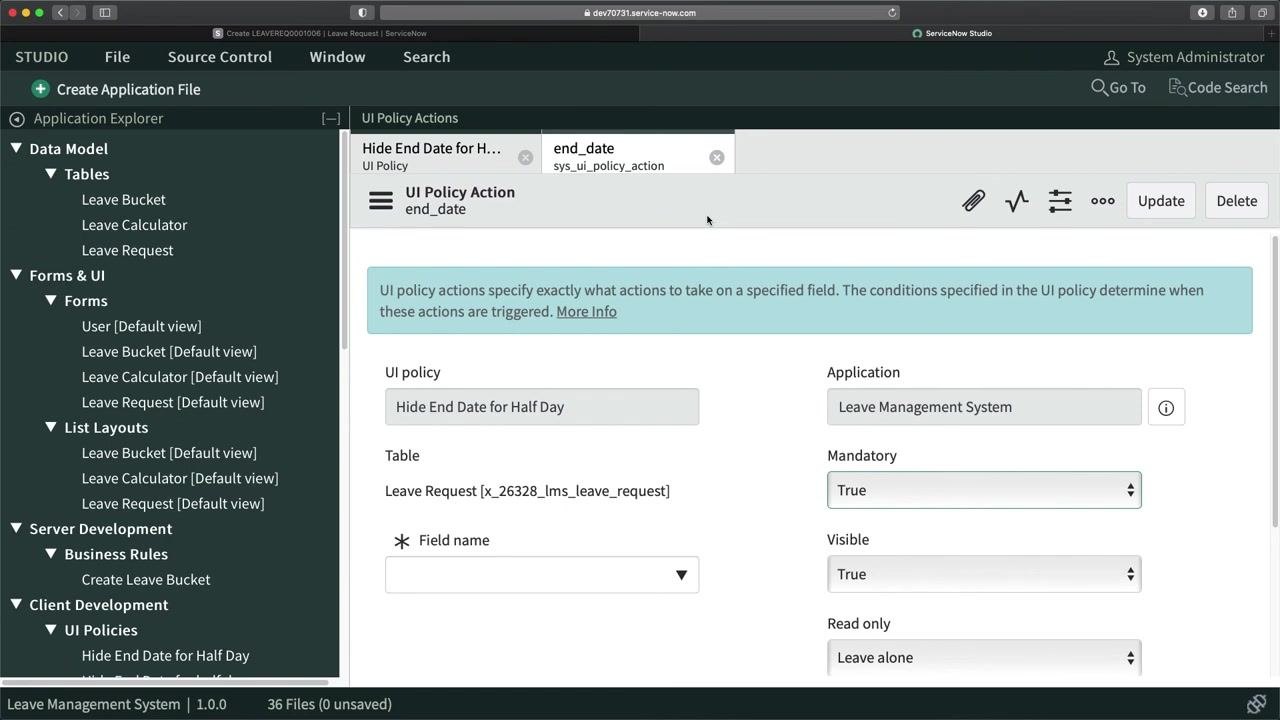 UI Policy Action configuration screen with 'Clear the field value' unchecked and Submit button visible