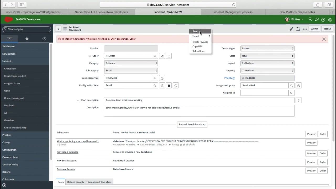 User selecting 'Save' from the menu to save the incident form
