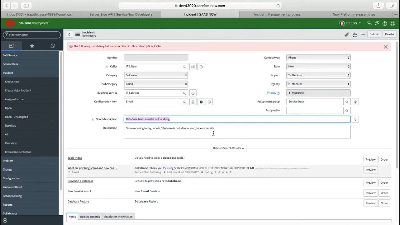 Incident record showing the assigned number INC0010007 and assignment group 'Service Desk'