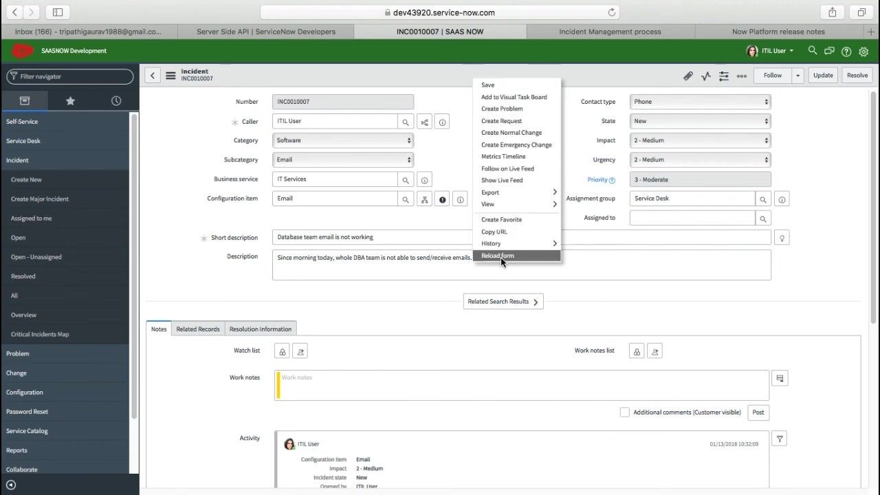 Final incident record view with all details filled in and the assignment group set