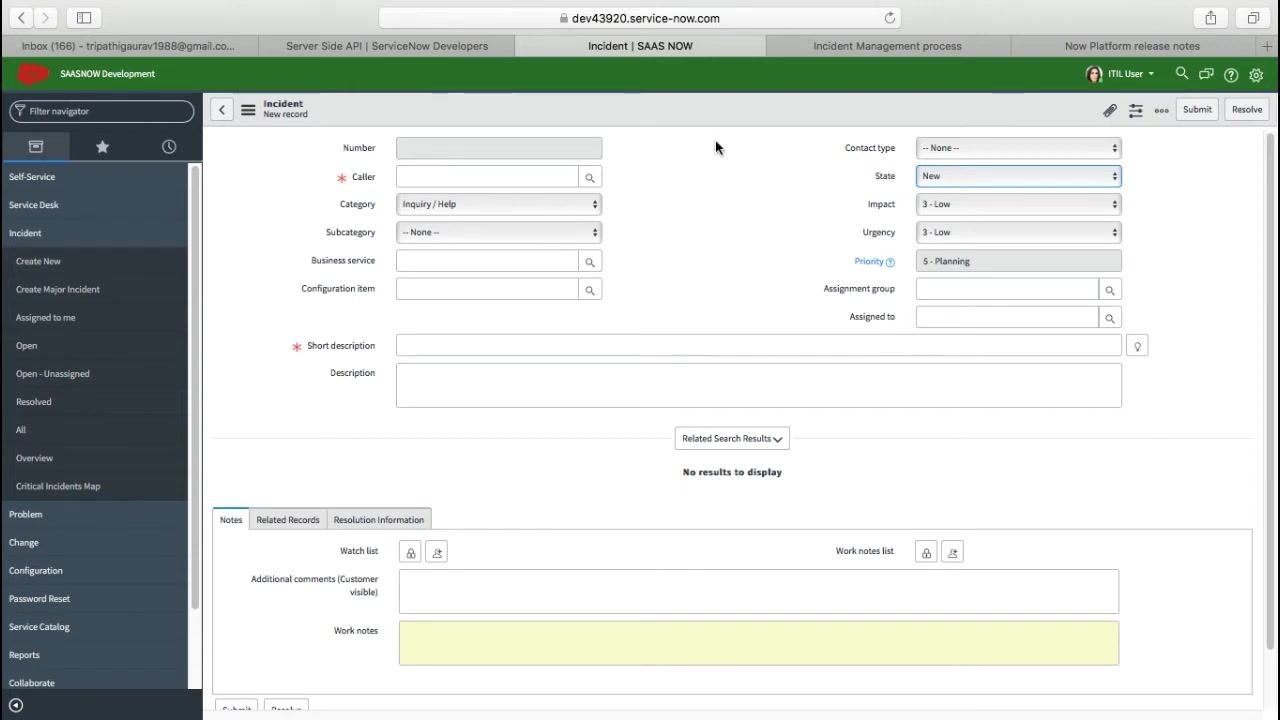 Blank incident form with all fields visible, including mandatory Caller and Short Description