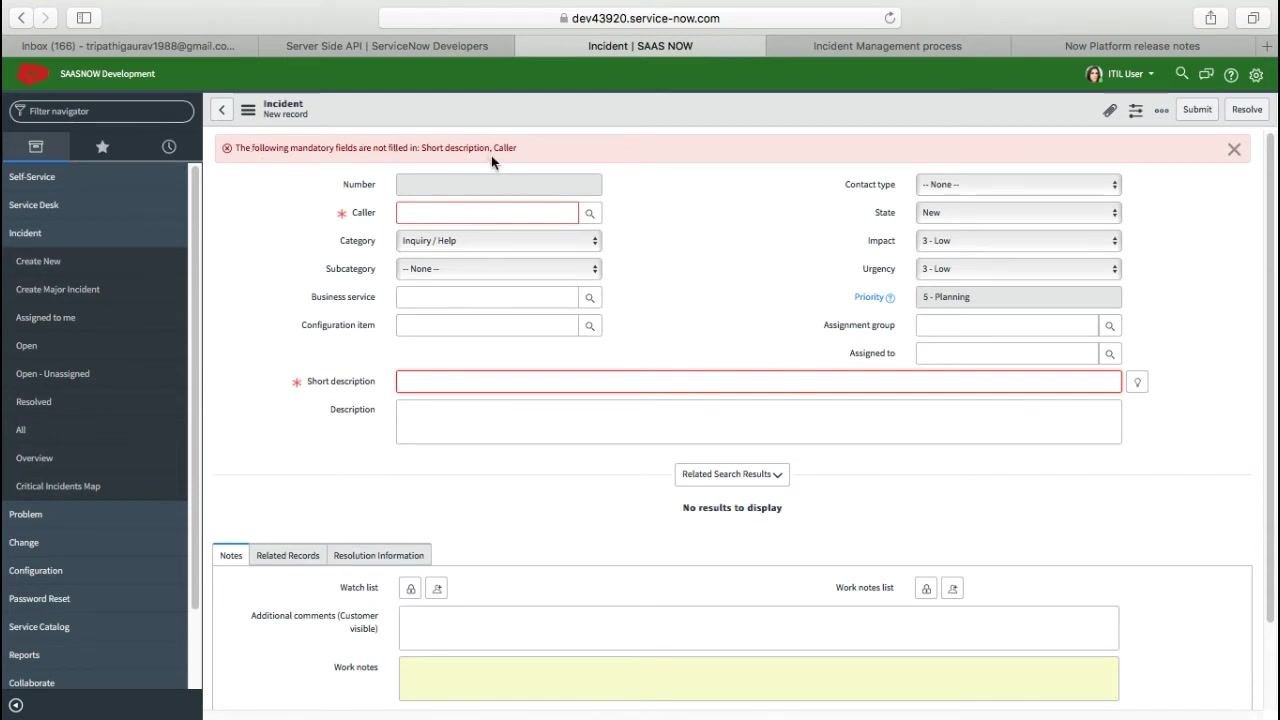 Incident form showing an error message for missing mandatory fields