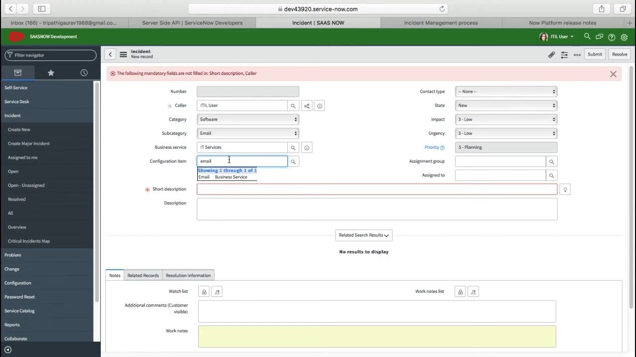 Incident form being filled in: Caller, Category (Software), Subcategory (Email), Business Service (IT Services), Configuration Item (Email)