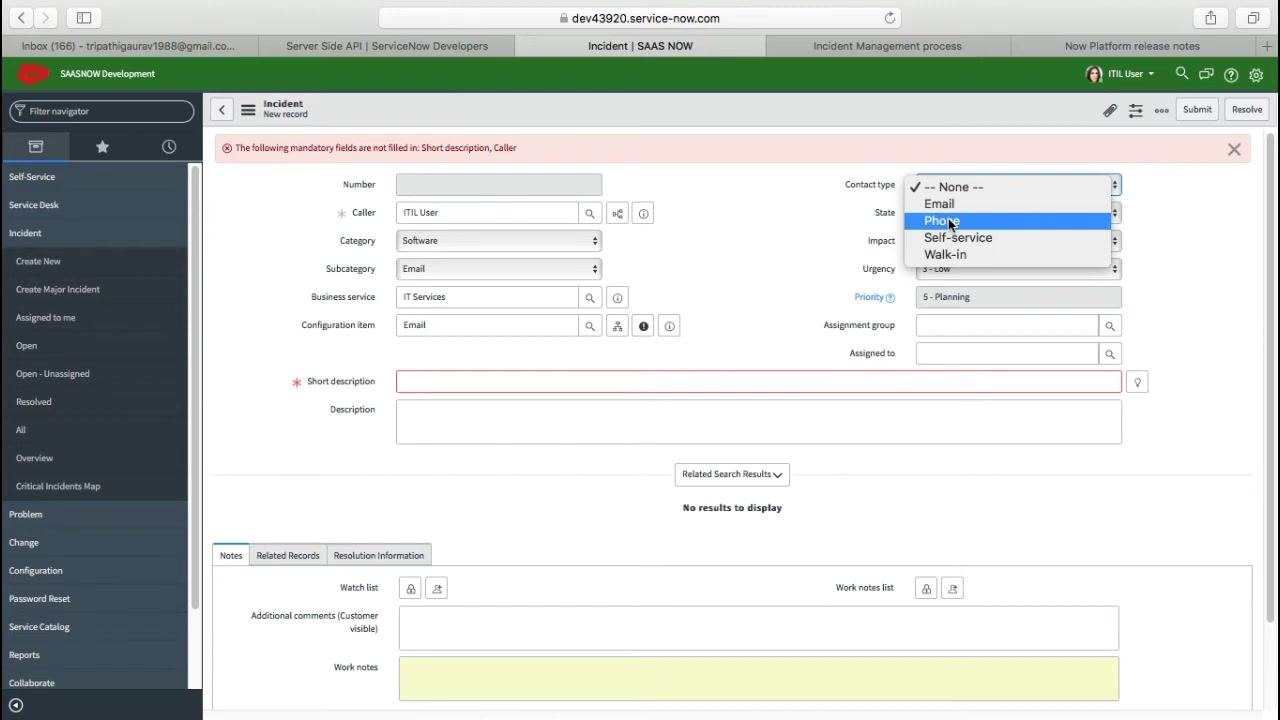 Incident form with the 'Contact type' dropdown expanded, showing options: None, Email, Phone, Self-service, Walk-in
