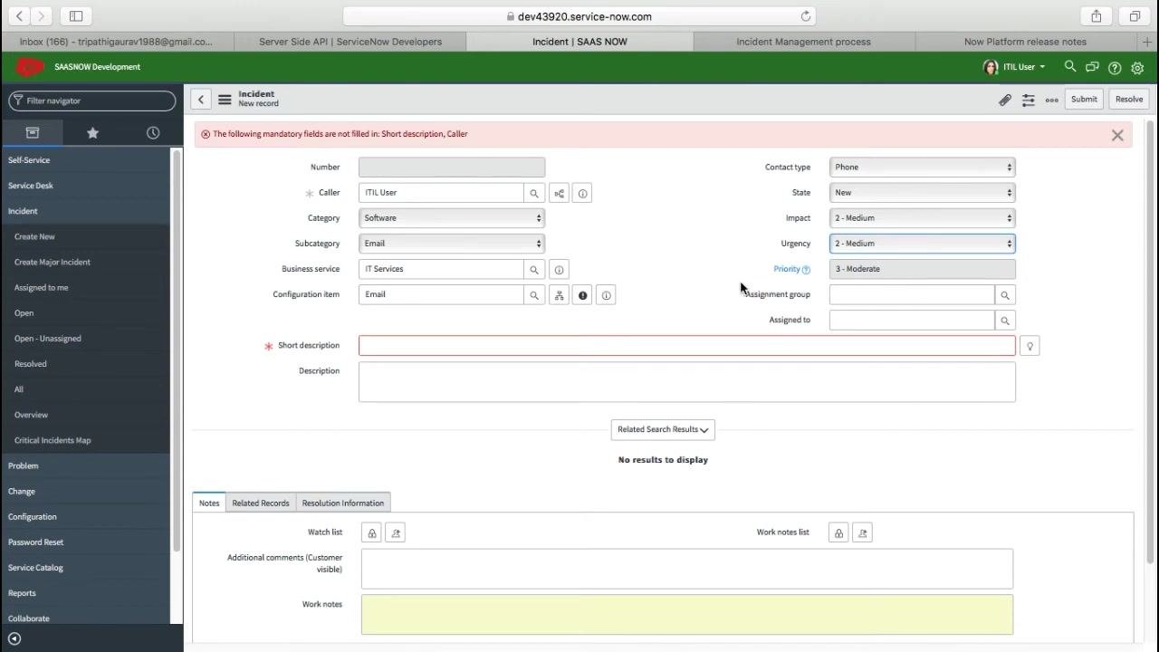 Incident form with Impact and Urgency set to '2 - Medium', and Priority auto-updated to '3 - Moderate'