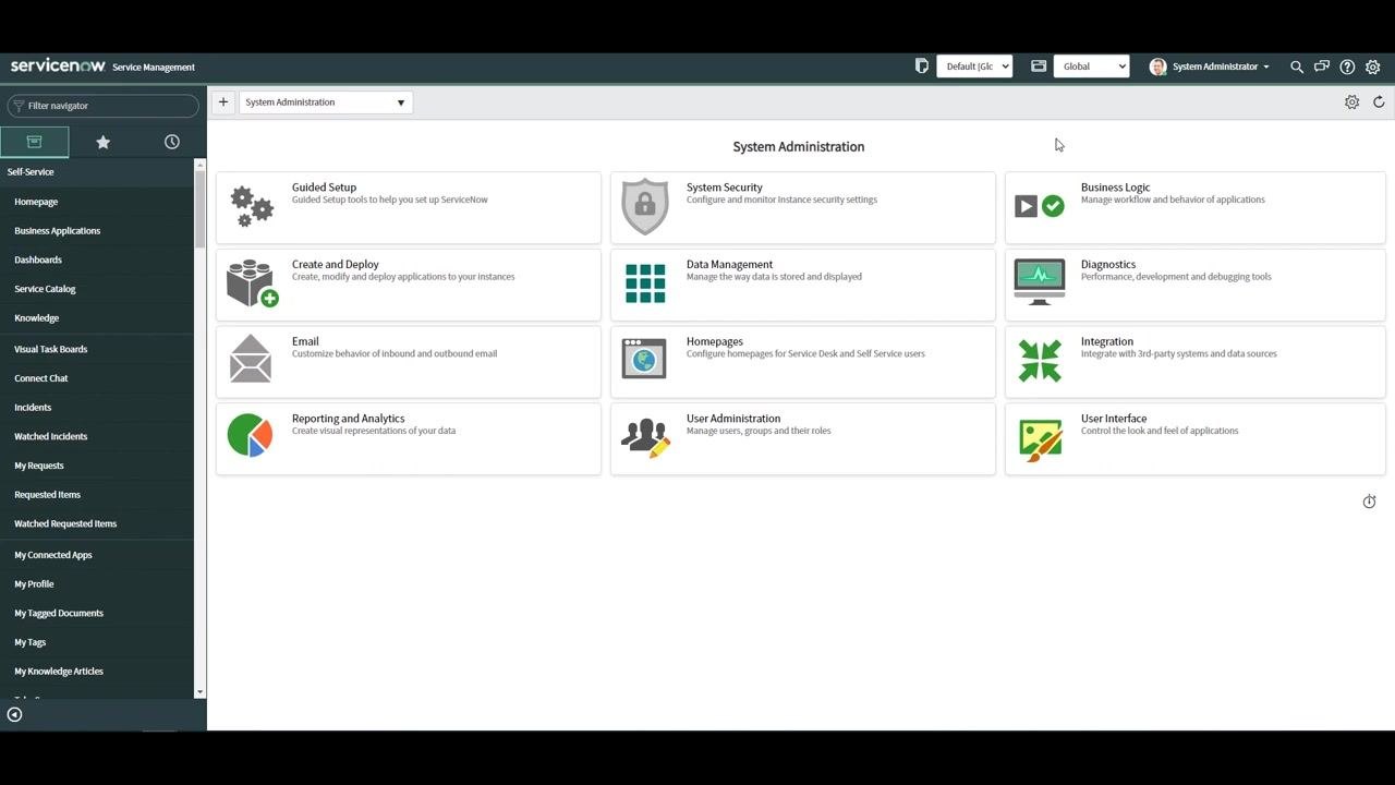 ServiceNow System Administration dashboard with the System Settings gear icon visible in the top right corner, and the update set picker and application picker shown in the header
