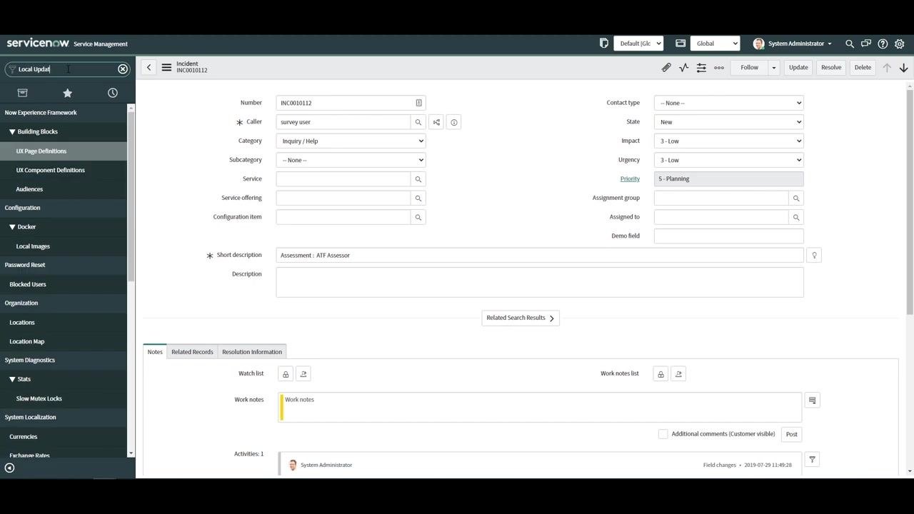 ServiceNow update set creation form with the Name field filled in as 'New Field on the Incident Form', State set to 'In progress', and Application set to 'Global'