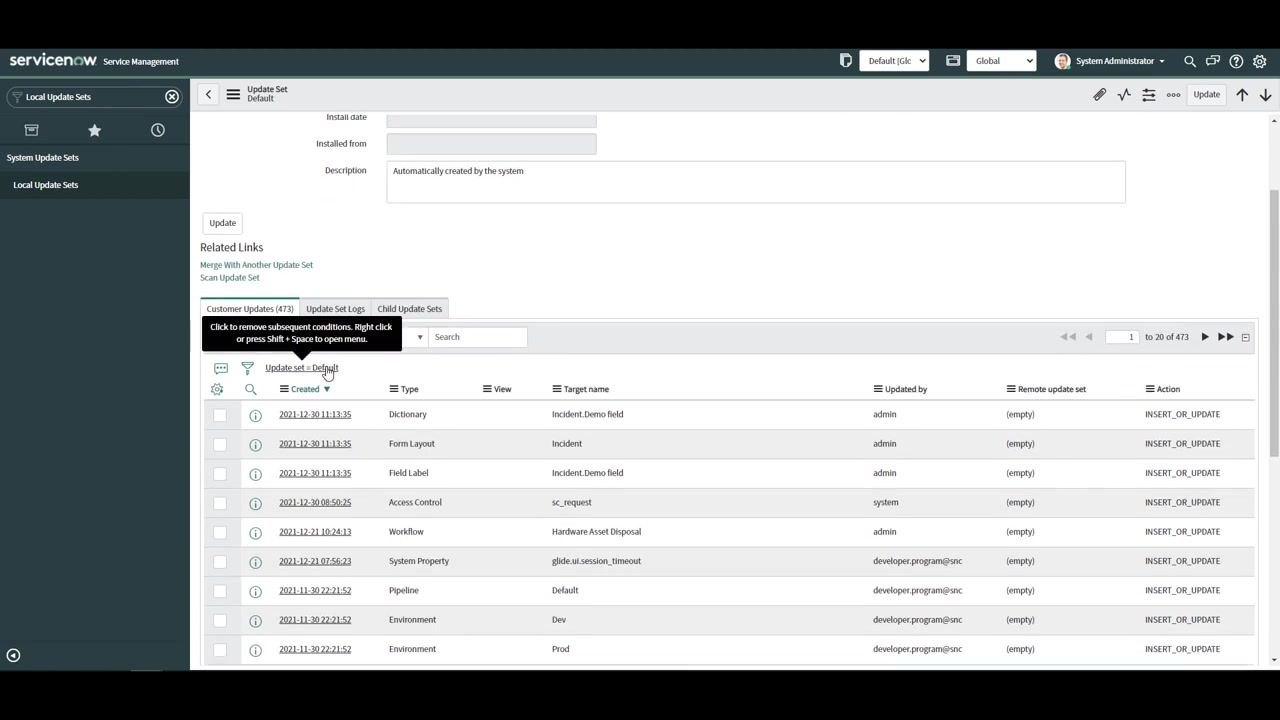 ServiceNow Local Update Sets list view showing the newly created update set 'New Field on the Incident Form' among other update sets