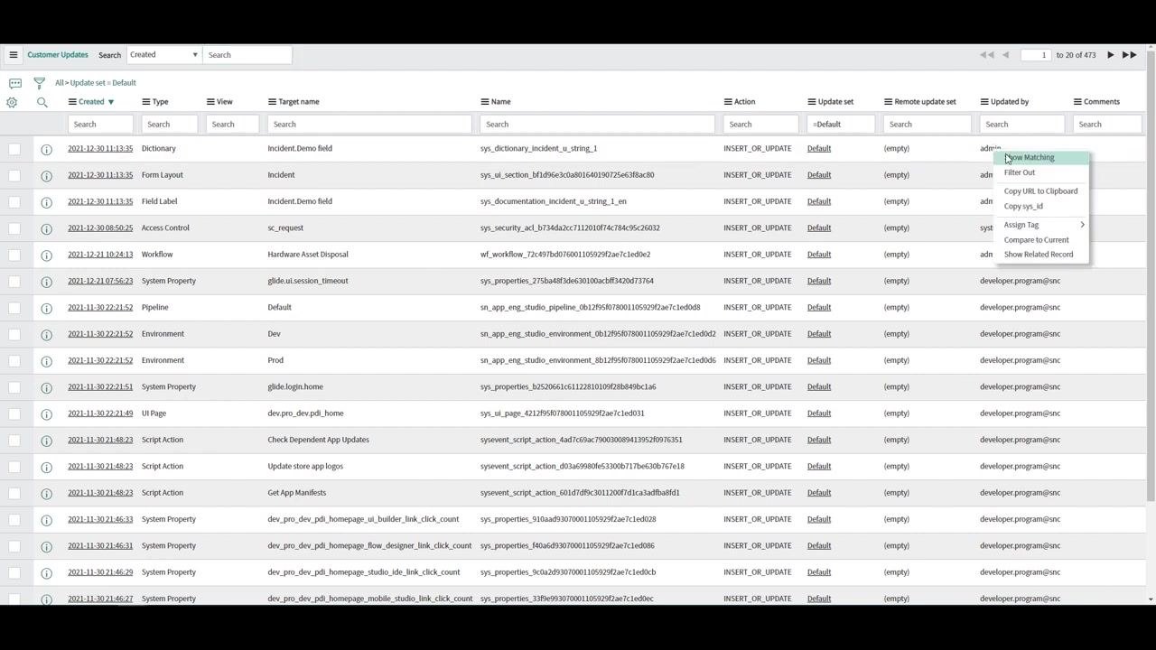 ServiceNow update set 'Default' form with the Customer Updates related list visible, showing updates such as Dictionary, Form Layout, and Field Label