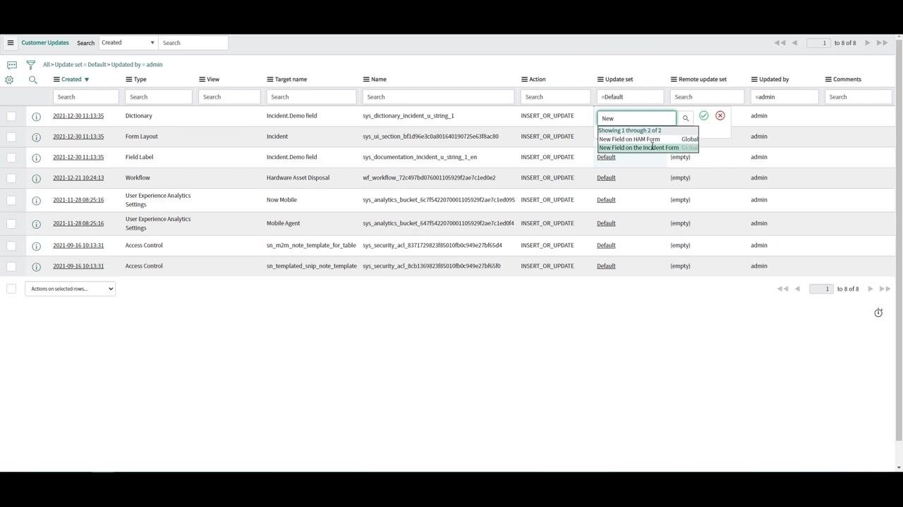 ServiceNow Customer Updates list showing updates with the Update set column changed from 'Default' to 'New Field on the Incident Form'