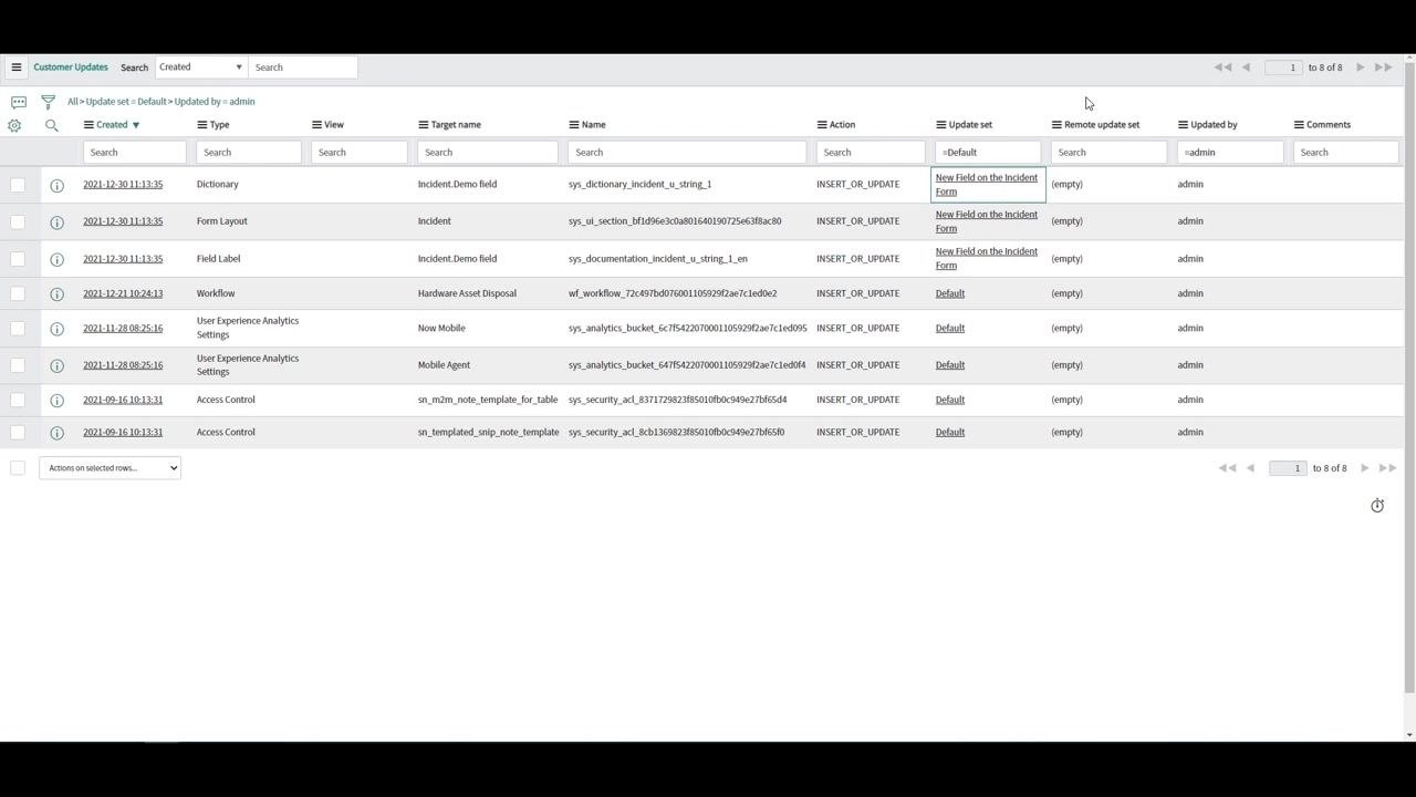 ServiceNow update set form for 'New Field on the Incident Form' showing all details and the Customer Updates list