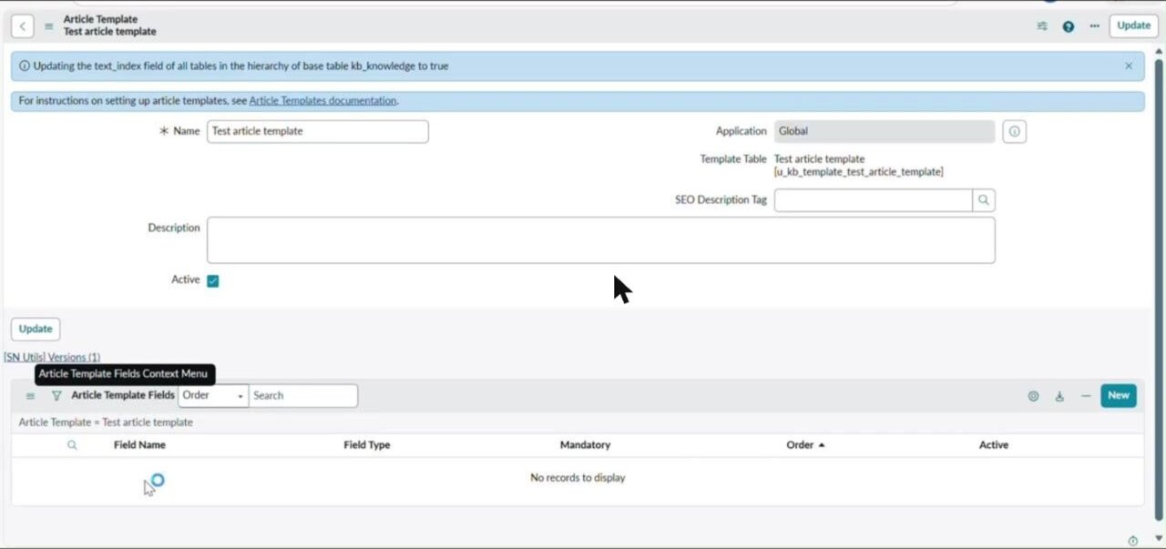 Article Template details page with 'Test article template' and empty Article Template Fields section