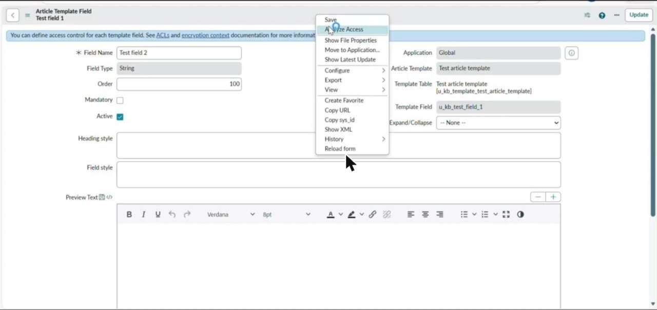 Article Template Field creation form with 'Test field 1' entered, Field Type dropdown open, and formatting options visible