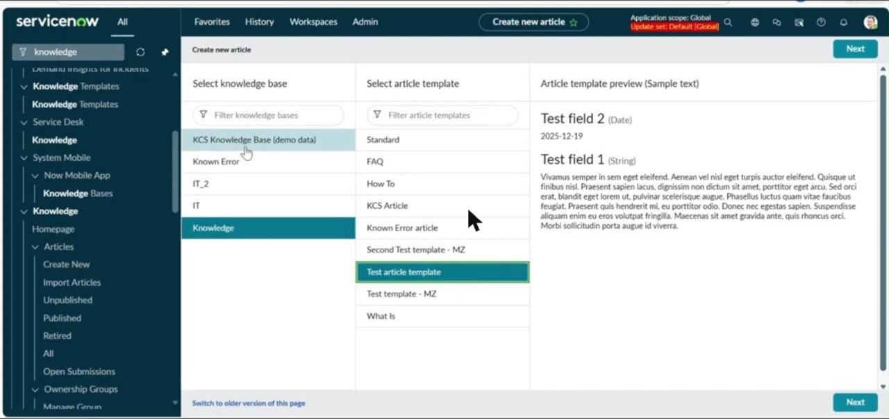 ServiceNow Studio dashboard with navigation menu filtered for 'knowledge', cursor over 'Demand Insights Configuration', and Studio welcome screen