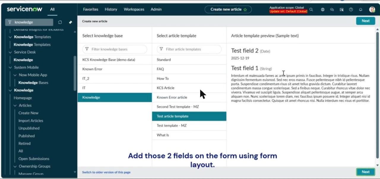Create new article screen with 'Knowledge' base and 'Test article template' selected, previewing template fields