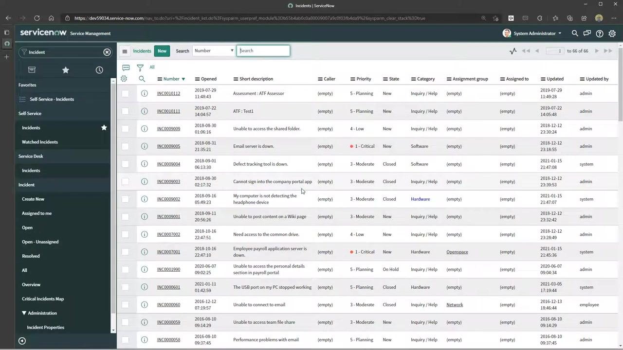 ServiceNow dashboard with the navigation pane, search bar showing "Incident" entered, and various quick links visible