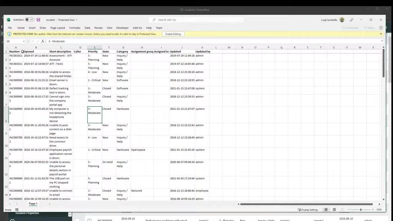 Excel spreadsheet open with incident data, showing columns such as Number, Opened, Short Description, Caller, Priority, State, Category, Assignment Group, Assigned To, Updated, and Updated By