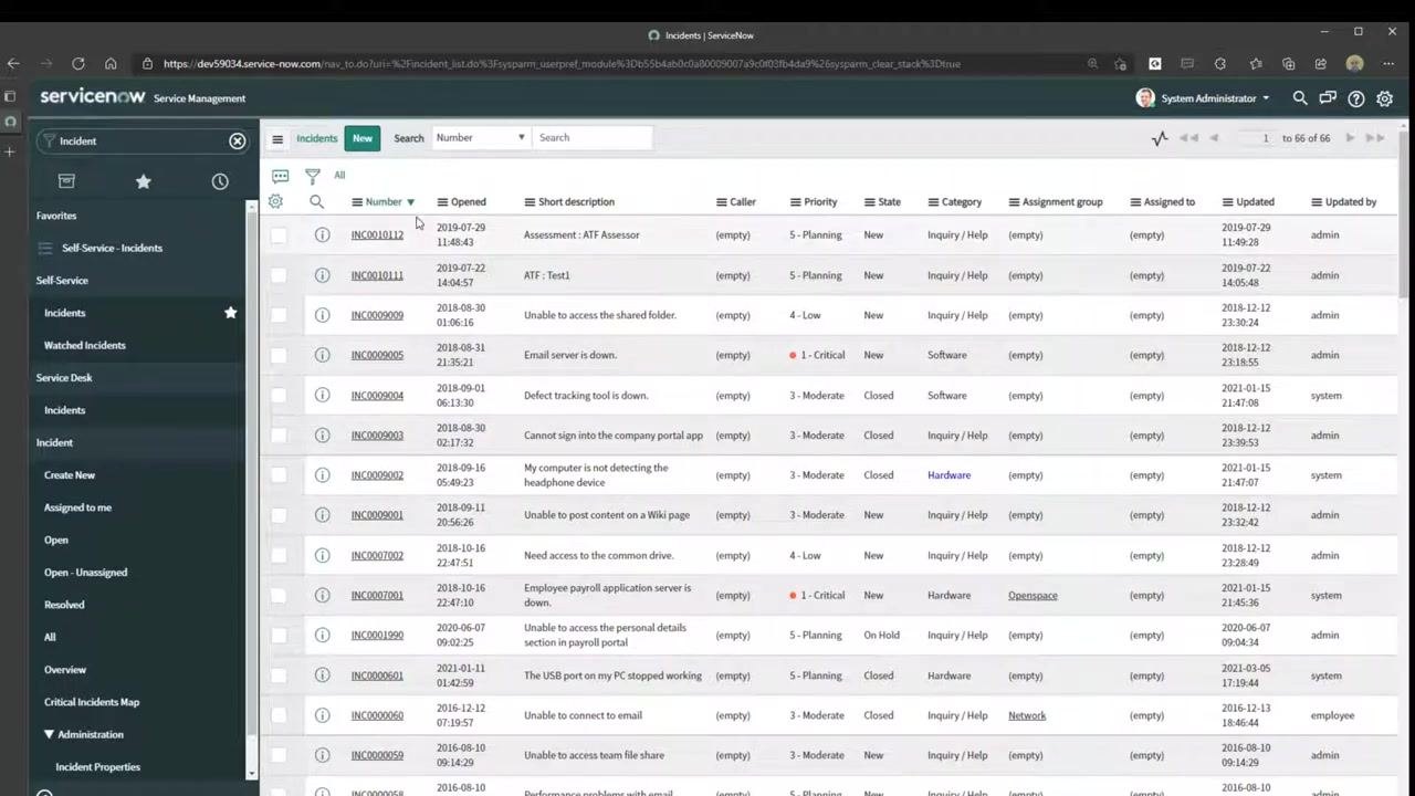ServiceNow list view with multiple columns visible and the cursor positioned over the "Caller" column, showing column options