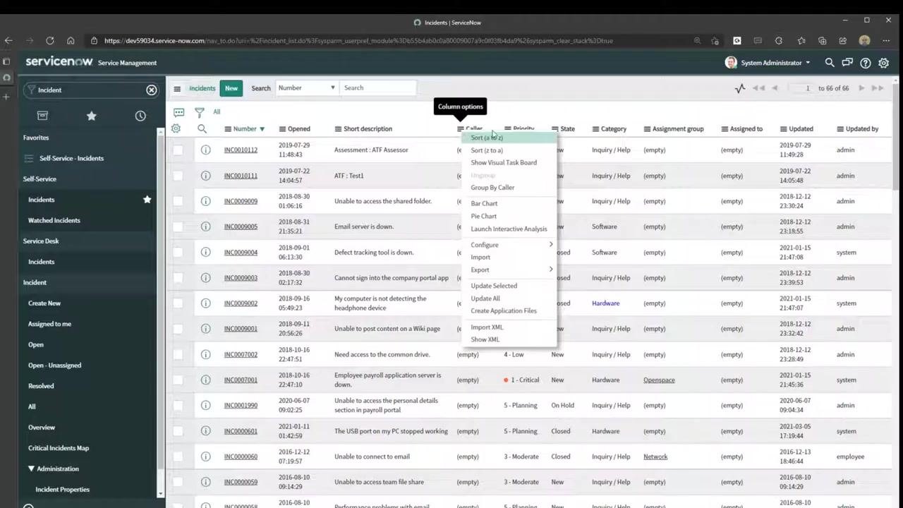 ServiceNow list view with the column options menu open for the "Caller" column, showing options such as Sort, Show Visual Task Board, Group By, Bar Chart, Pie Chart, Configure, Import, and Export