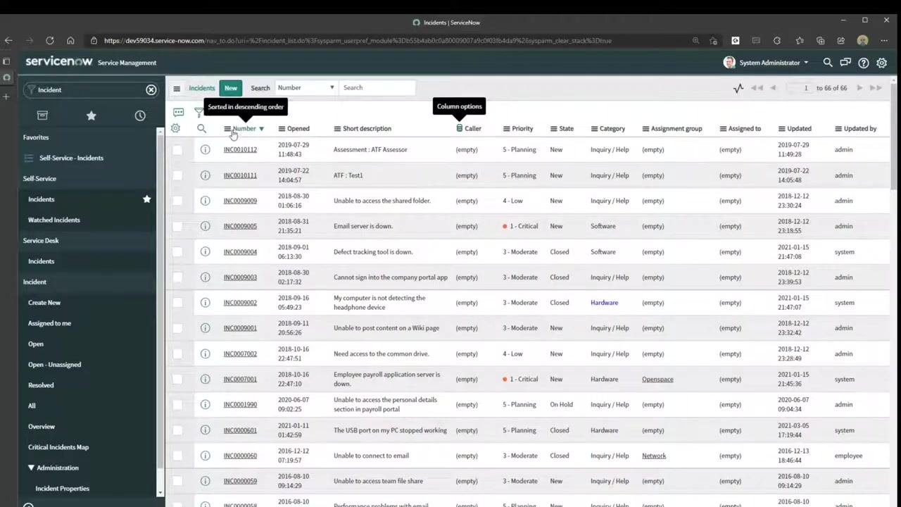 ServiceNow list view with the column options menu open for the "Number" column, highlighting the Export submenu with Excel (.xlsx) selected