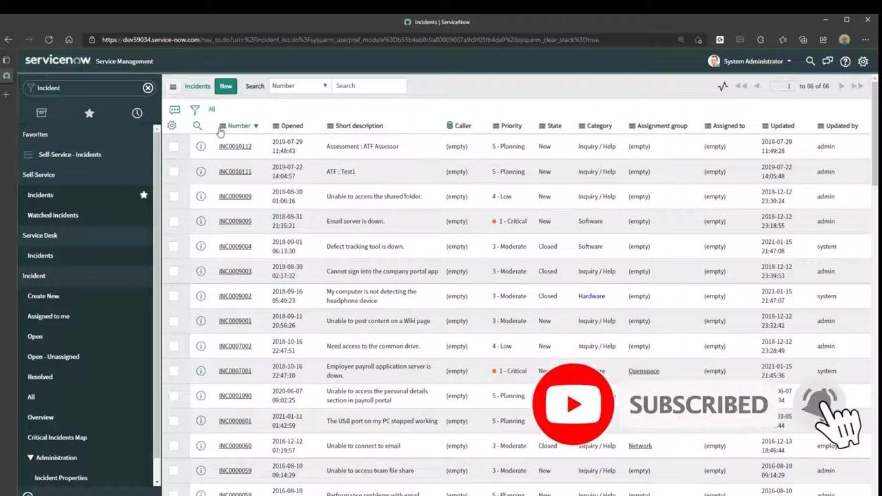 ServiceNow list view with a YouTube subscribe overlay, indicating a prompt to subscribe for more tutorials.
