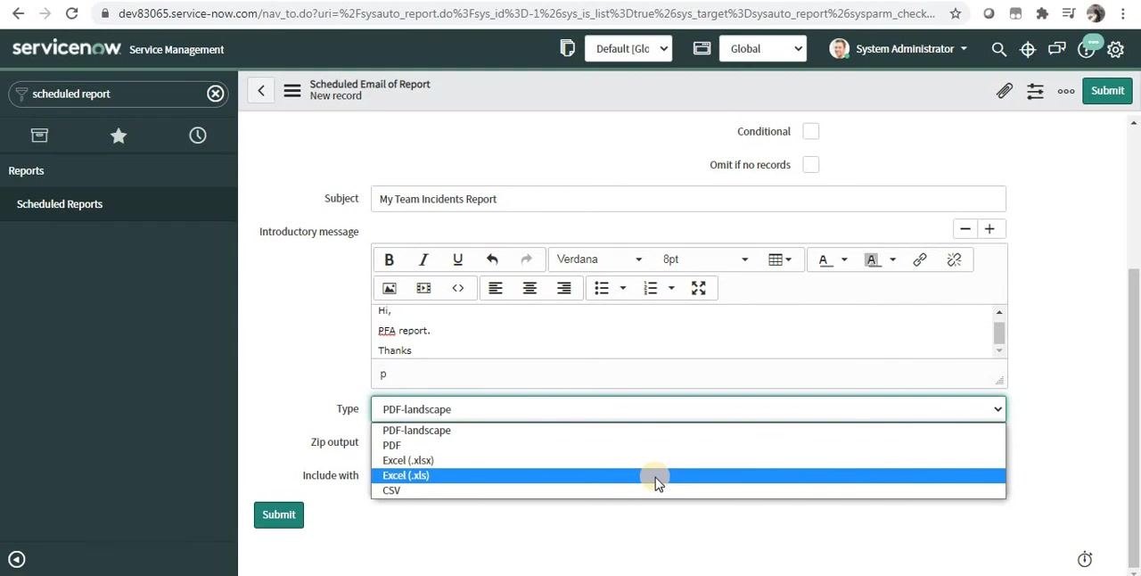 ServiceNow Scheduled Email of Report form with the Type dropdown expanded, showing options: PDF-landscape, PDF, Excel (.xlsx), Excel (.xls), CSV