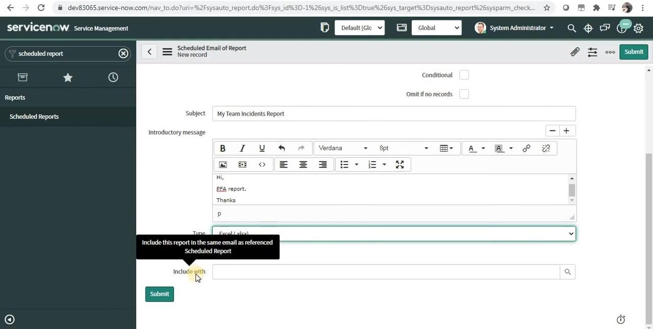 ServiceNow Scheduled Email of Report form with the Include with field highlighted and tooltip visible