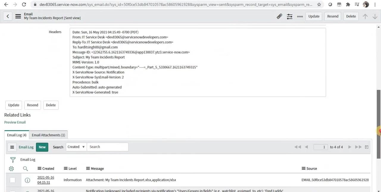 ServiceNow Scheduled Email of Reports list showing the newly created Incident Report scheduled to run periodically