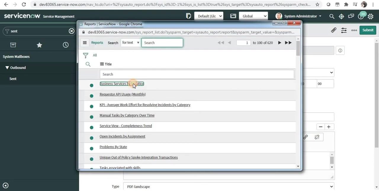 ServiceNow Scheduled Email of Report form with Name "XYZ" and Report "Business Services by Location" selected