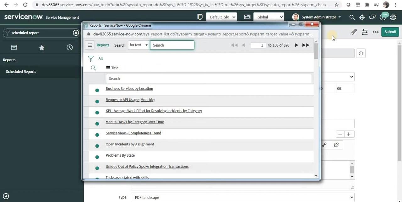 ServiceNow Scheduled Email of Report form with user selection in progress, "Fred Luddy" being entered in the Users field