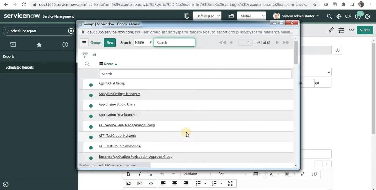 Group selection dialog showing a list of ServiceNow groups with search and selection options