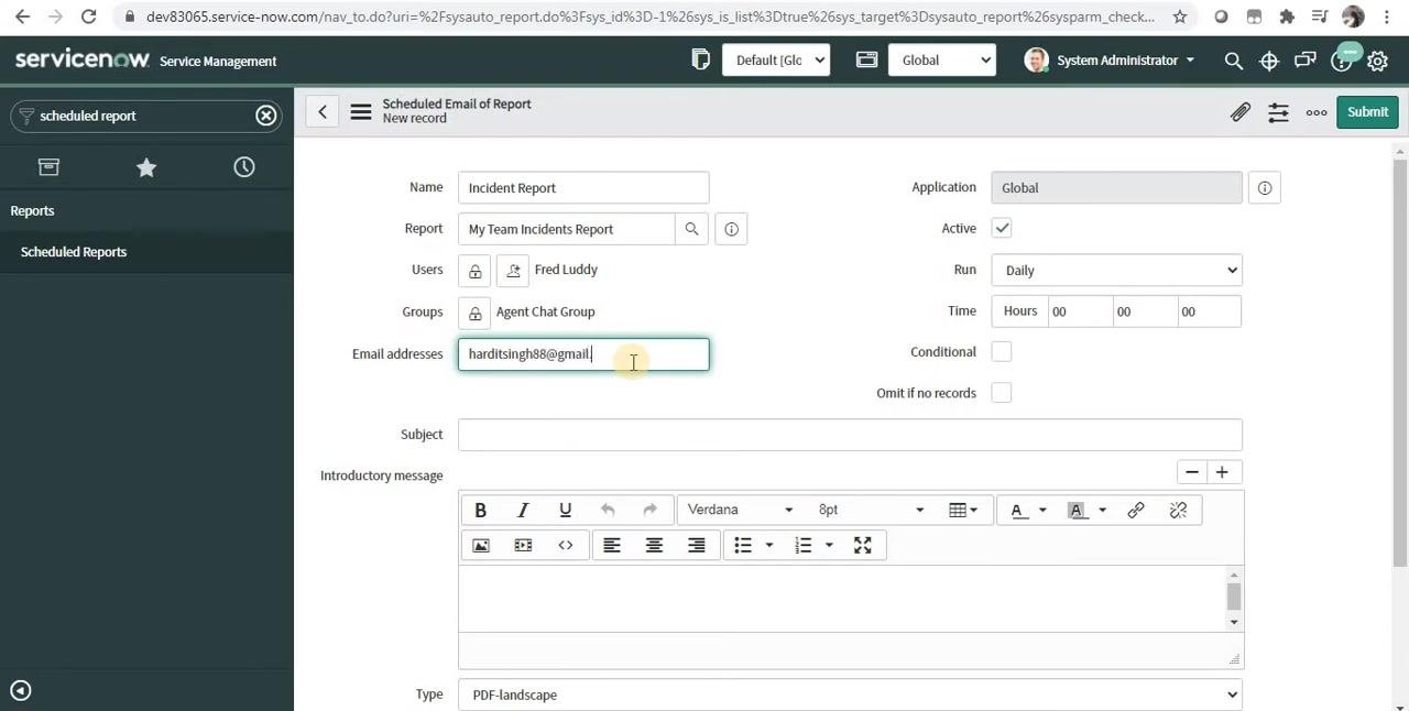 ServiceNow Scheduled Email of Report form with an email address being entered in the Email addresses field, showing support for multiple recipients separated by semicolons